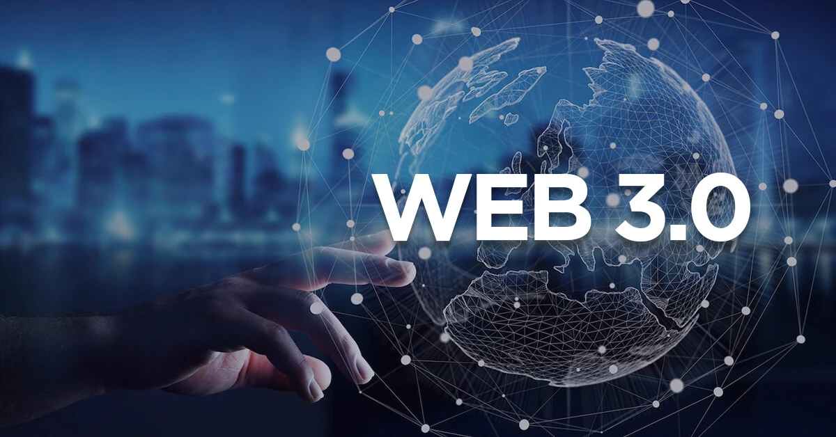 touching a earth glob and web 3.0 in the front